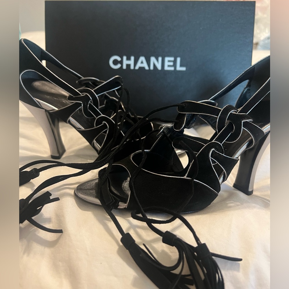 Velvet Chanel Heels With Tassel Ties